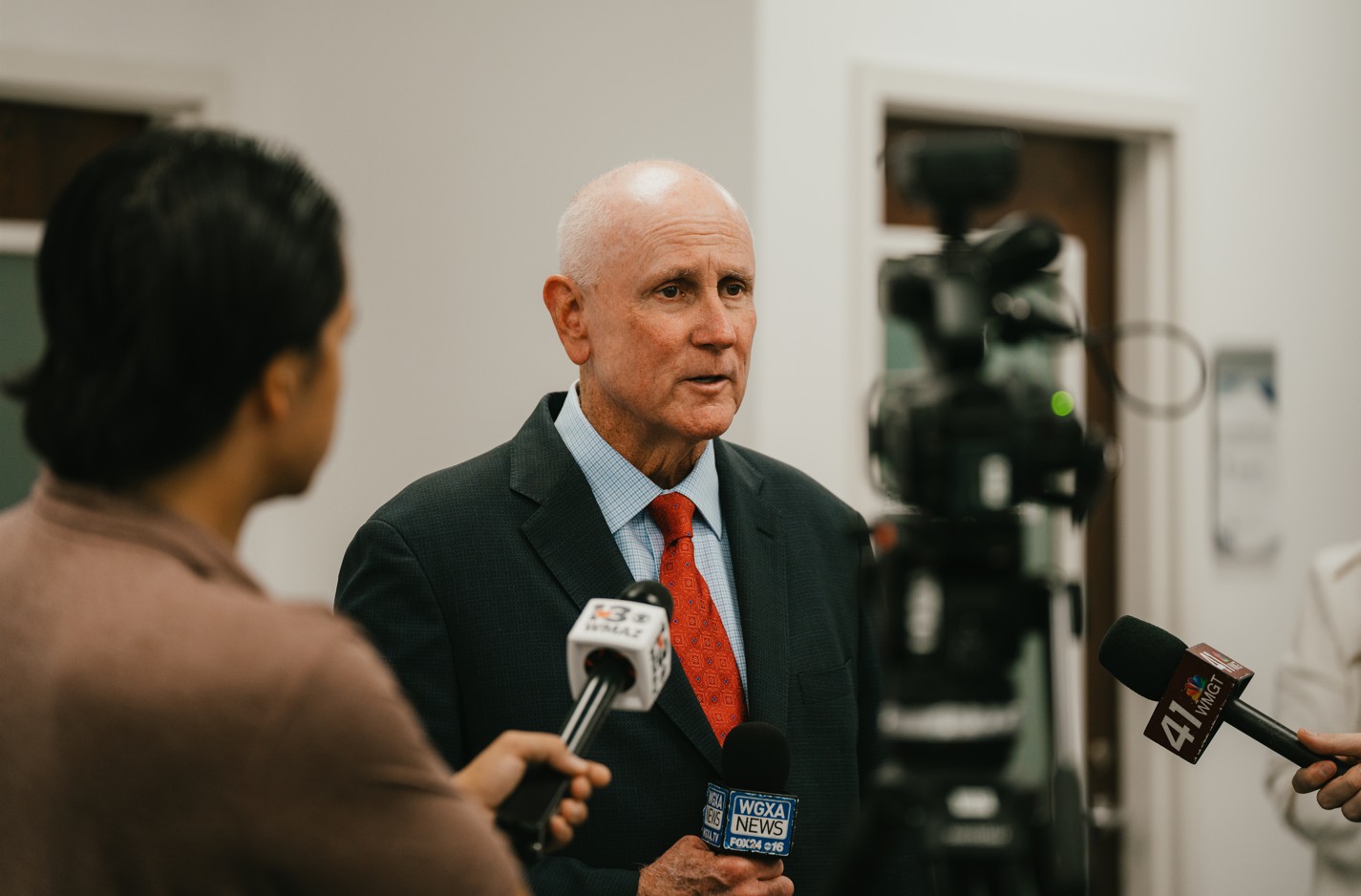 Colonel Tillman being interviewed by 13WMAZ, WGXA News, and 41 WMGT before his Jennings Lecture